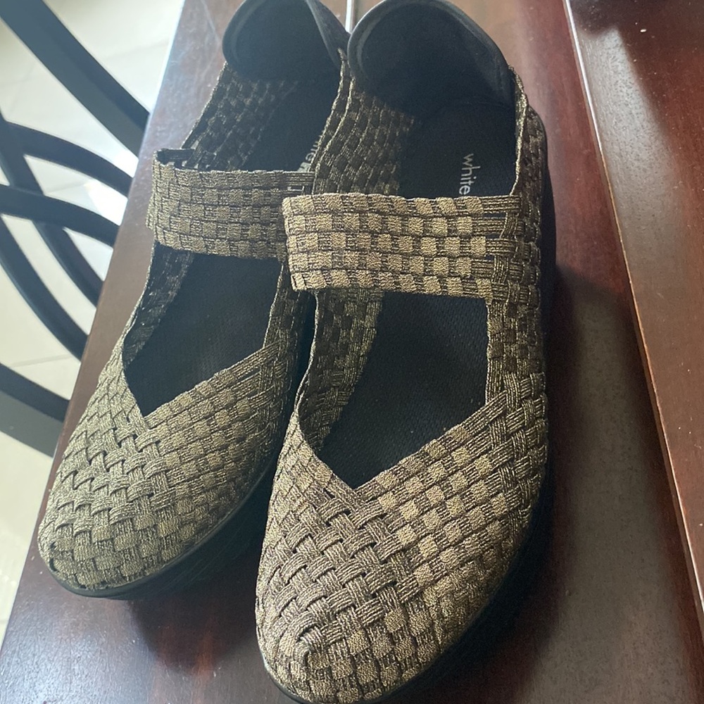 Black and gold Mary Jane wedges